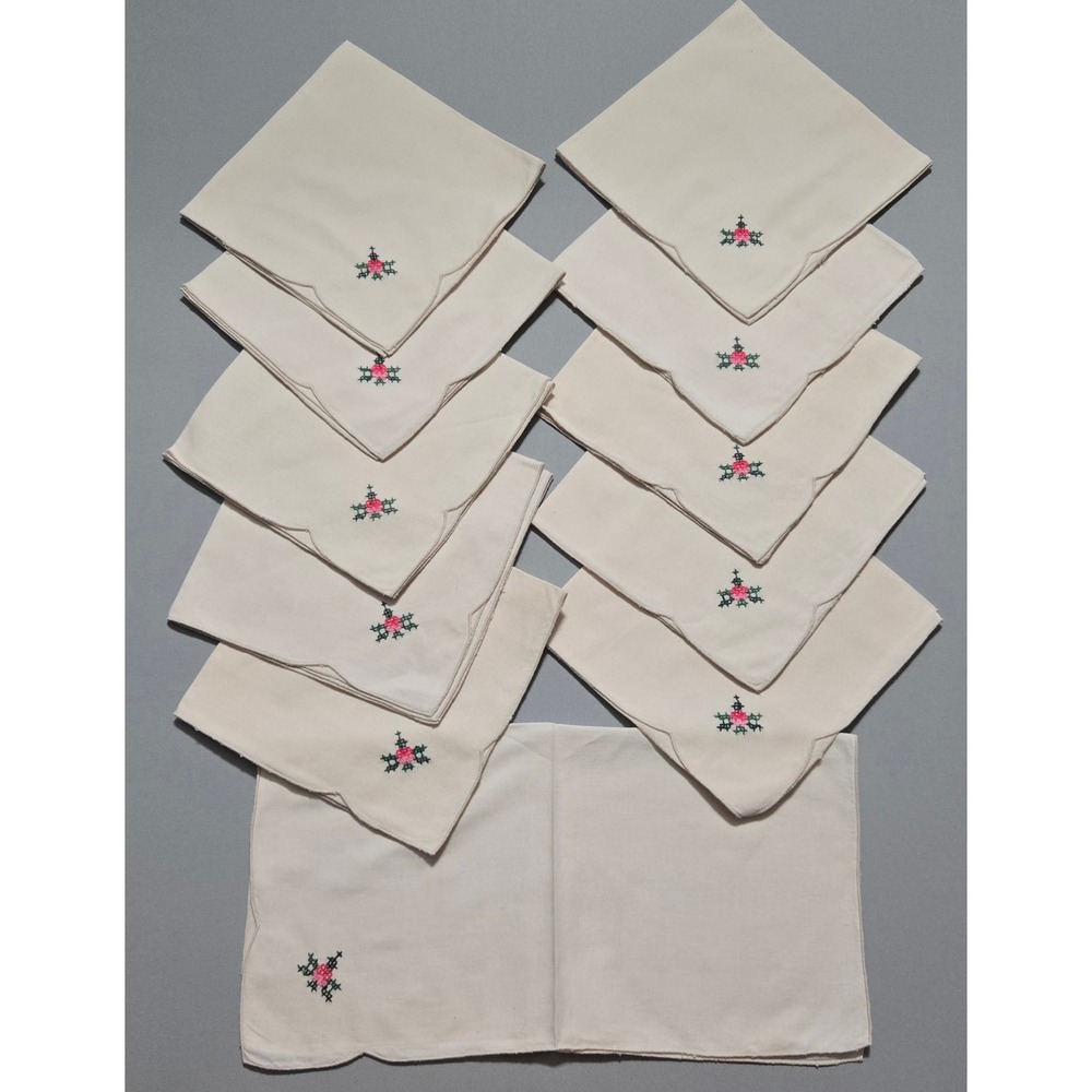 Vintage Embroidered Linen Napkins Set of 11 15x15 Floral Cross Stitched Handmade